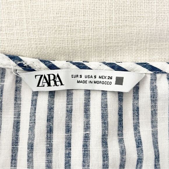 Zara Cotton Linen V Neck Striped Tiered Mini Dress - Picture 9 of 10